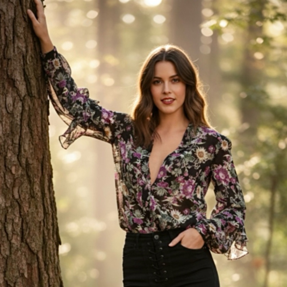 Rachel Rachel Roy Black Floral Button Down Blouse
